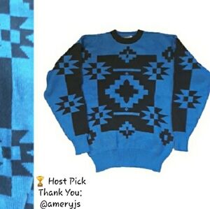 Vintage 80s Canyon River Blue Wool Blend Aztec Sweater Size Medium